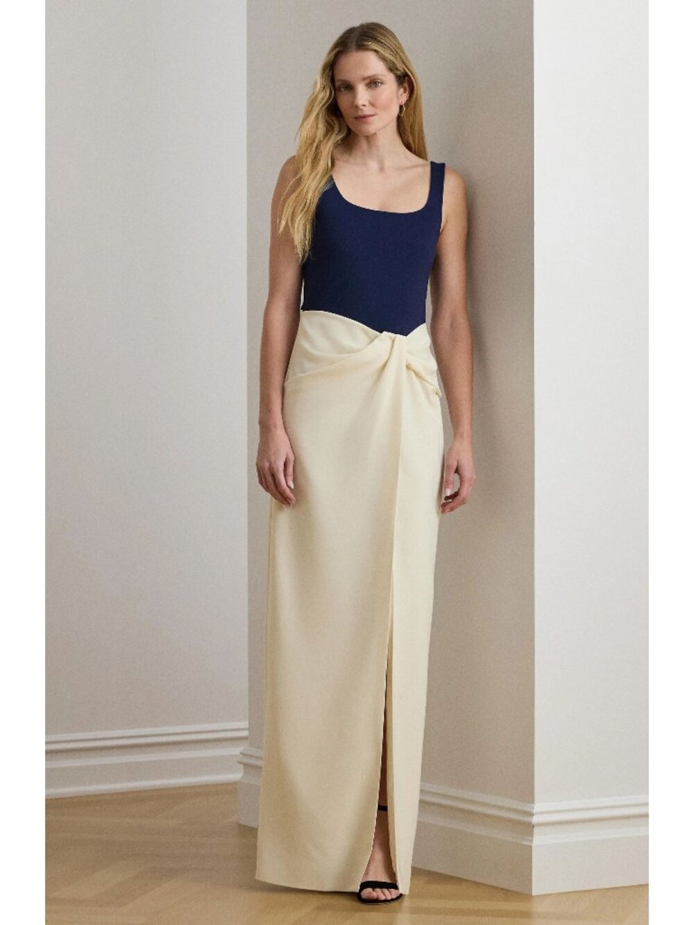🆕RALPH LAUREN Two-Tone Ottoman Crepe Sleeveless Gown Navy Blue/Ivory 16 - Picture 1 of 16